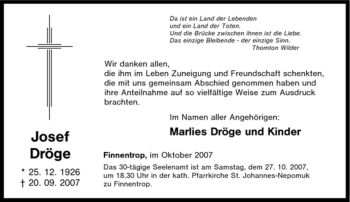 Traueranzeige von Josef Dröge von Tageszeitung