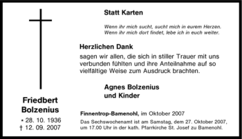 Traueranzeige von Friedbert Bolzenius von Tageszeitung