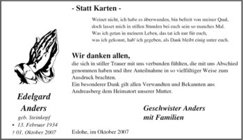 Traueranzeige von Edelgard Anders von Tageszeitung