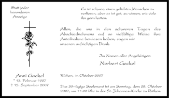 Traueranzeige von Anni Gockel von Tageszeitung