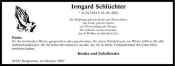Traueranzeige von Irmgard Schlüchter von Tageszeitung