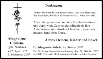 Traueranzeige von Magdalene Clemens von Tageszeitung
