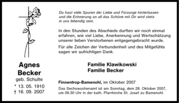 Traueranzeige von Agnes Becker von Tageszeitung