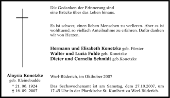 Traueranzeige von Aloysia Konetzke von Tageszeitung