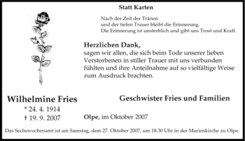 Traueranzeige von Wilhelmine Fries von Tageszeitung