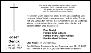 Traueranzeige von Josef Gerigk von Tageszeitung