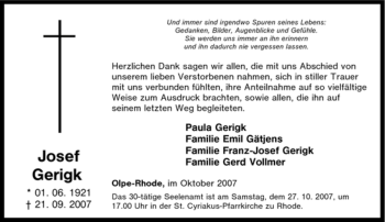 Traueranzeige von Josef Gerigk von Tageszeitung