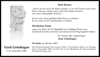 Traueranzeige von Gerd Grünhagen von Tageszeitung