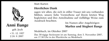 Traueranzeige von Anni Bange von Tageszeitung