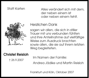 Traueranzeige von Christel Reisloh von Tageszeitung