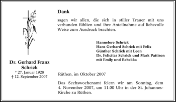 Traueranzeige von Gerhard Franz Schrick von Tageszeitung
