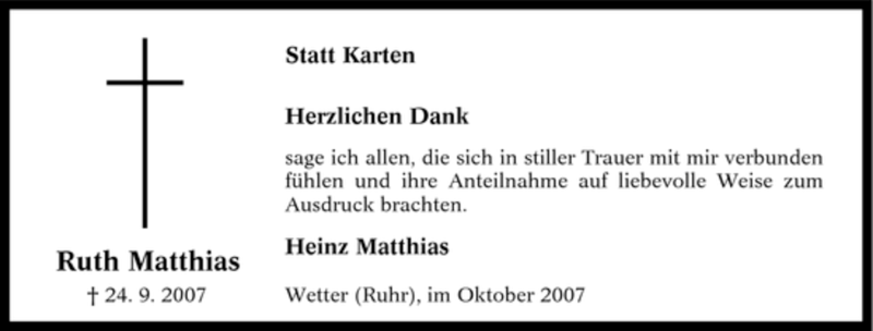  Traueranzeige für Ruth Matthias vom 27.10.2007 aus Tageszeitung