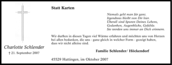 Traueranzeige von Charlotte Schlender von Tageszeitung