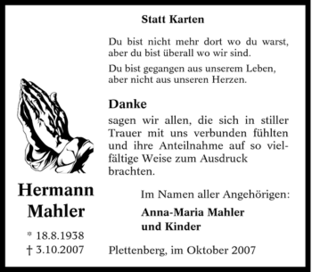 Traueranzeige von Hermann Mahler von Tageszeitung