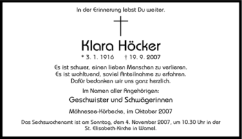 Traueranzeige von Klara Höcker von Tageszeitung