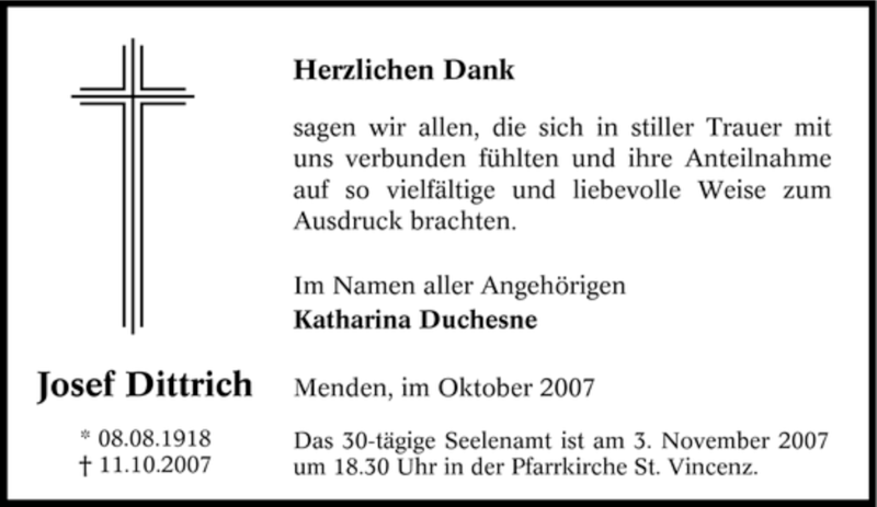  Traueranzeige für Josef Dittrich vom 27.10.2007 aus Tageszeitung