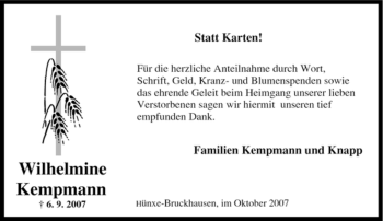 Traueranzeige von Wilhelmine Kempmann von Tageszeitung