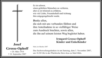 Traueranzeige von Josef Grosse-Ophoff von Tageszeitung