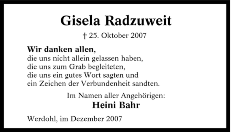  Traueranzeige für Gisela Radzuweit vom 27.10.2007 aus Tageszeitung