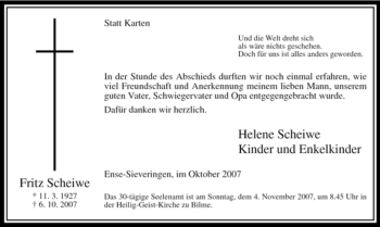 Traueranzeige von Fritz Scheiwe von Tageszeitung