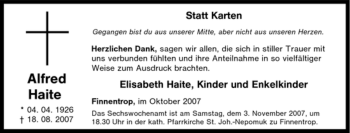 Traueranzeige von Alfred Haite von Tageszeitung