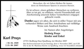 Traueranzeige von Karl Pruys von Tageszeitung