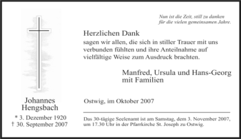 Traueranzeige von Johannes Hengsbach von Tageszeitung