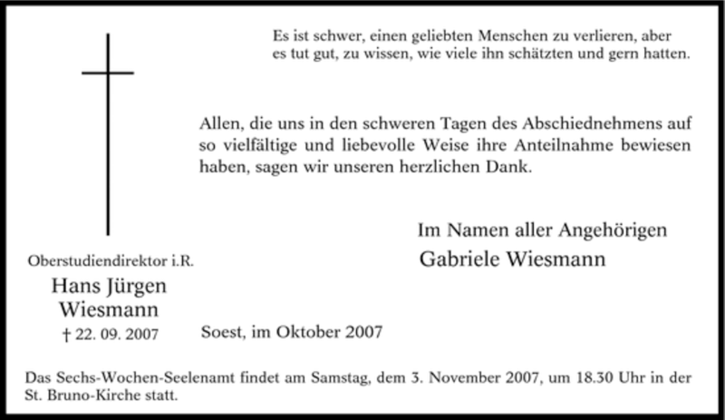  Traueranzeige für Hans Jürgen Wiesmann vom 29.10.2007 aus Tageszeitung