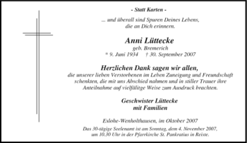 Traueranzeige von Anni Lüttecke von Tageszeitung