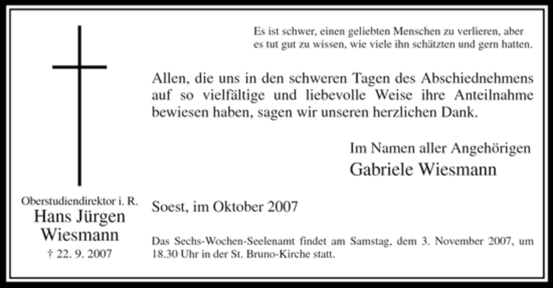  Traueranzeige für Hans Jürgen Wiesmann vom 29.10.2007 aus Tageszeitung