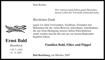 Traueranzeige von Ernst Bald von Tageszeitung