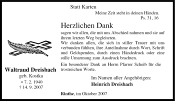 Traueranzeige von Waltraud Dreisbach von Tageszeitung