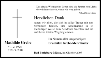 Traueranzeige von Mathilde Grebe von Tageszeitung