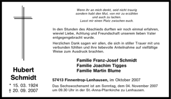 Traueranzeige von Hubert Schmidt von Tageszeitung