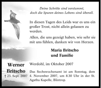 Traueranzeige von Werner Britscho von Tageszeitung