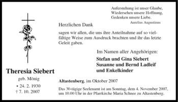 Traueranzeige von Theresia Siebert von Tageszeitung