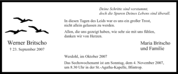 Traueranzeige von Werner Britscho von Tageszeitung