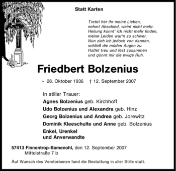 Traueranzeige von Friedbert Bolzenius von Tageszeitung