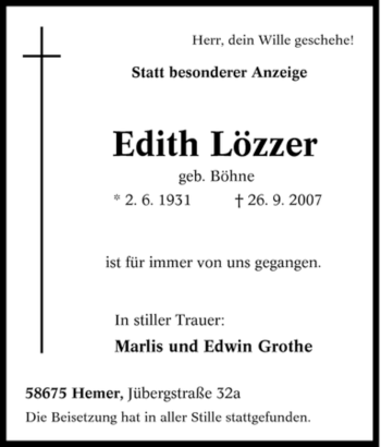 Traueranzeige von Edith Lözzer von Tageszeitung