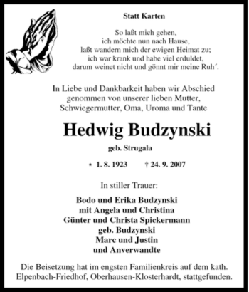 Traueranzeige von Hedwig Budzynski von Tageszeitung