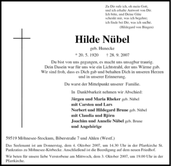 Traueranzeige von Hilde Nübel von Tageszeitung