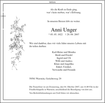 Traueranzeige von Anni Unger von Tageszeitung
