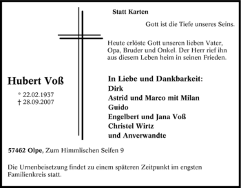 Traueranzeige von Hubert Voß von Tageszeitung