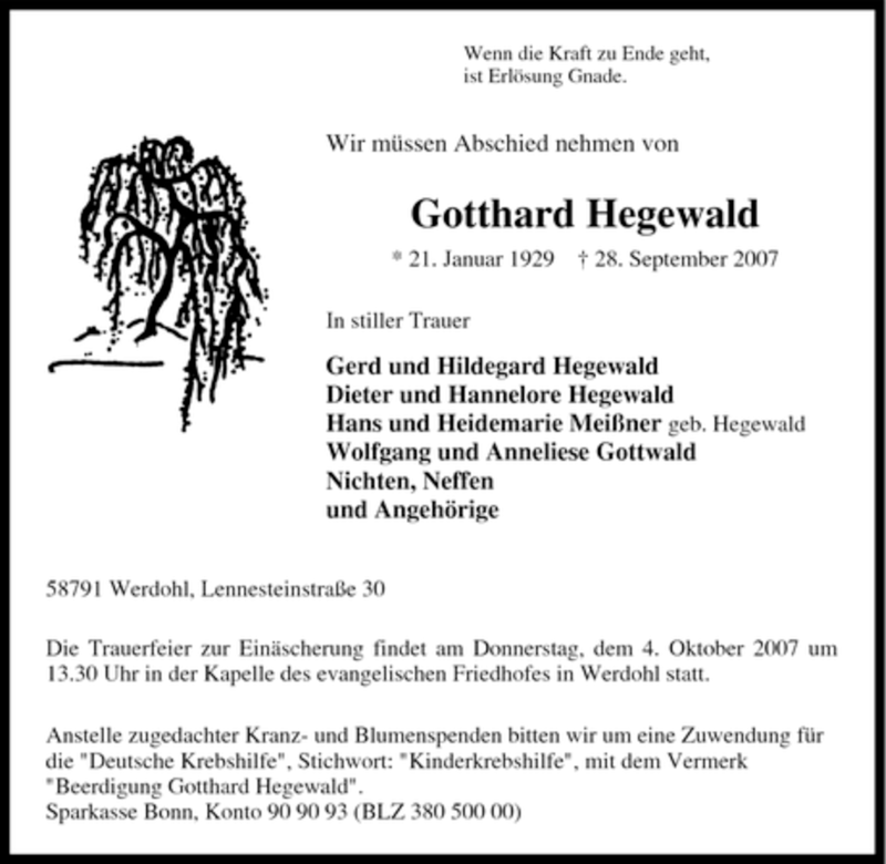  Traueranzeige für Gotthard Hegewald vom 01.10.2007 aus Tageszeitung