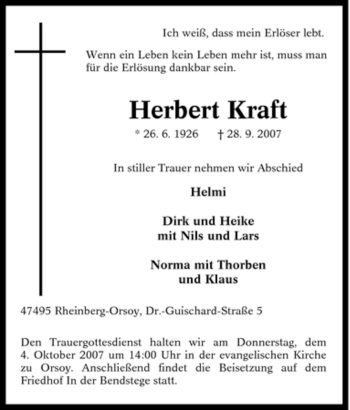 Traueranzeige von Herbert Kraft von Tageszeitung