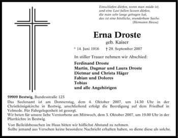Traueranzeige von Erna Droste von Tageszeitung