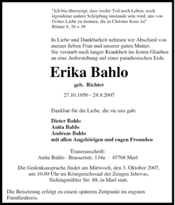 Traueranzeige von Erika Bahlo von Tageszeitung