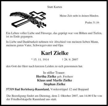 Traueranzeige von Karl Zielke von Tageszeitung