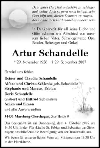 Traueranzeige von Artur Schandelle von Tageszeitung