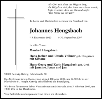 Traueranzeige von Johannes Hengsbach von Tageszeitung